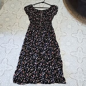 Floral Black Dress Long Flowy Elastic Waist Comfy Cozy Cottage Sz L Kindred Ankl